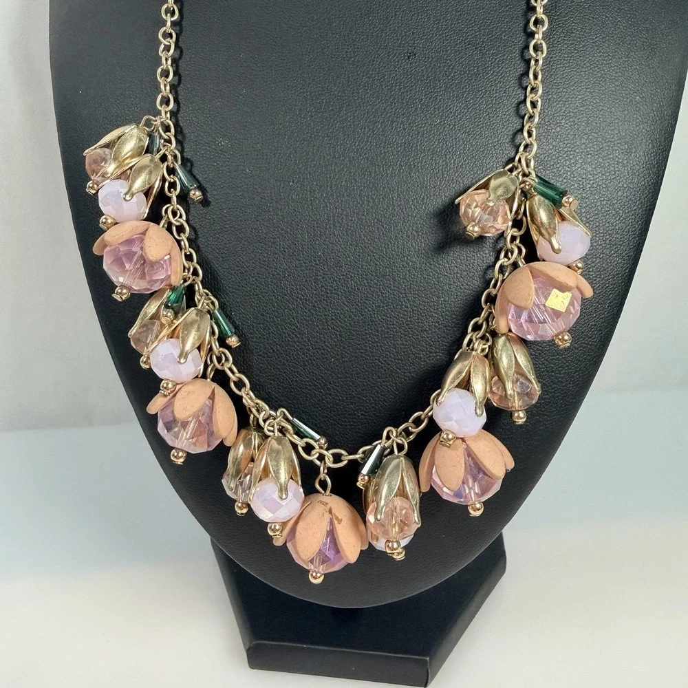 Pink Flower Necklace Glass Dangle Charm Statement Fairycore Adjust 17